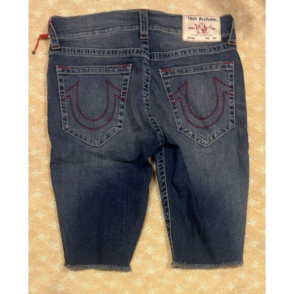 True Religion Unisex 32 Denim Shorts Blue Cut Off Red Stitch Big T Y2K - Picture 3 of 4